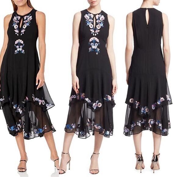 Nanette Lepore Tiered Sleeveless Floral Midi Dress Black 8 - Picture 1 of 5